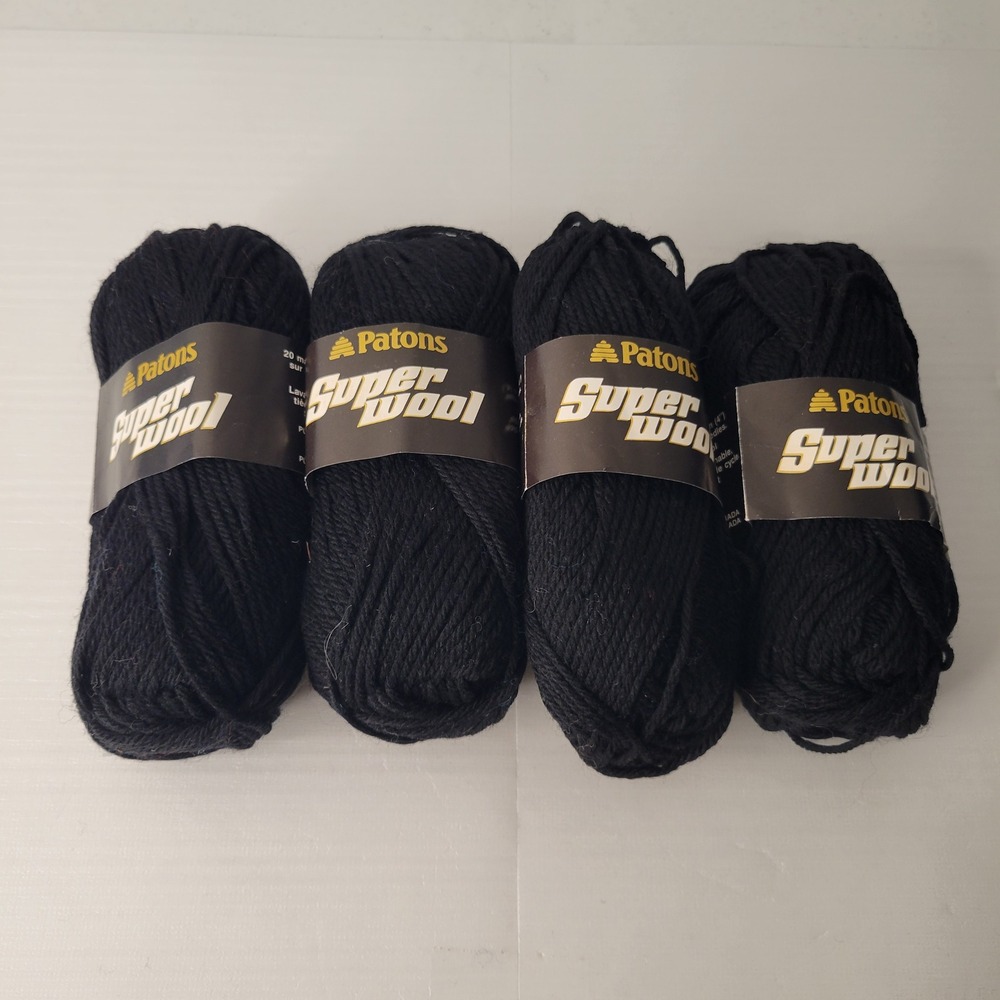 Patons Superwool Yarn 4x50g Black 100% Pure Virgin Wool Made in Canada New